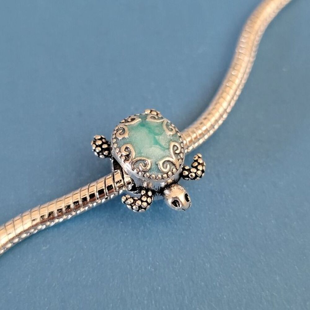 NWT For Pandora Charm Bracelet Individual Charms - Turtle Blue And Silver Color